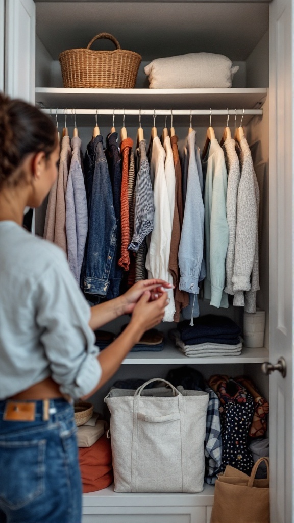 A person organizing clothes in a neatly arranged closet.