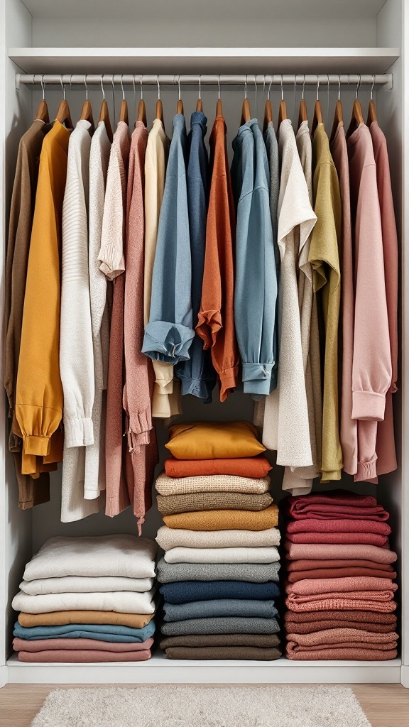 Neatly organized closet with seasonal clothing and stacked sweaters.