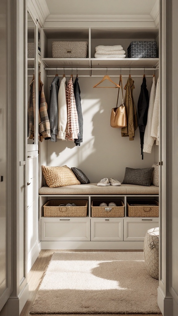 A well-organized closet featuring a storage bench, hanging clothes, and neatly arranged baskets.