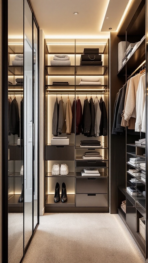 A closet with mirrors reflecting shelves and clothing, creating an illusion of more space.