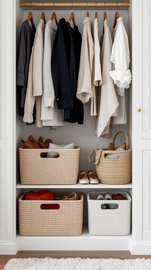 A neatly organized closet with hanging clothes and baskets containing shoes and accessories.