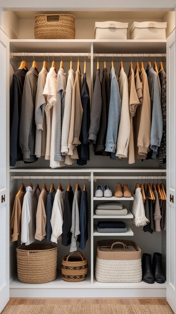 A well-organized closet with seasonal clothing and accessories.