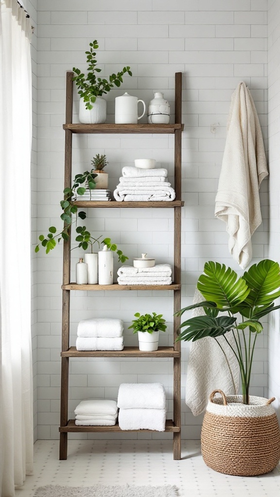 A bathroom ladder shelves with towels and plants.