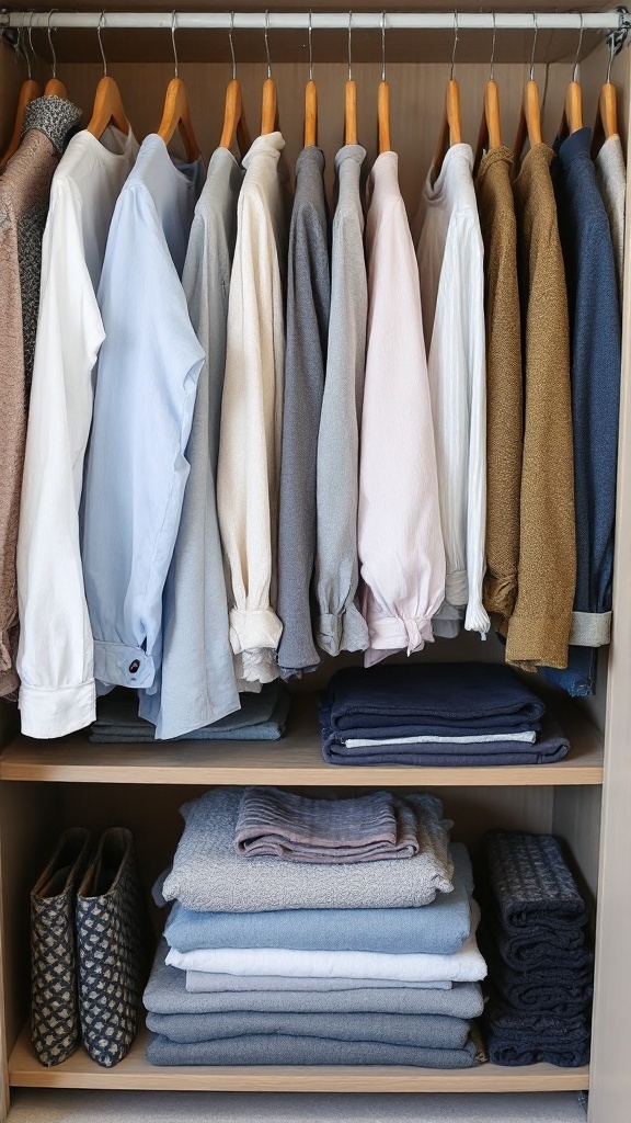 Organized closet with neatly folded clothes and hanging garments.