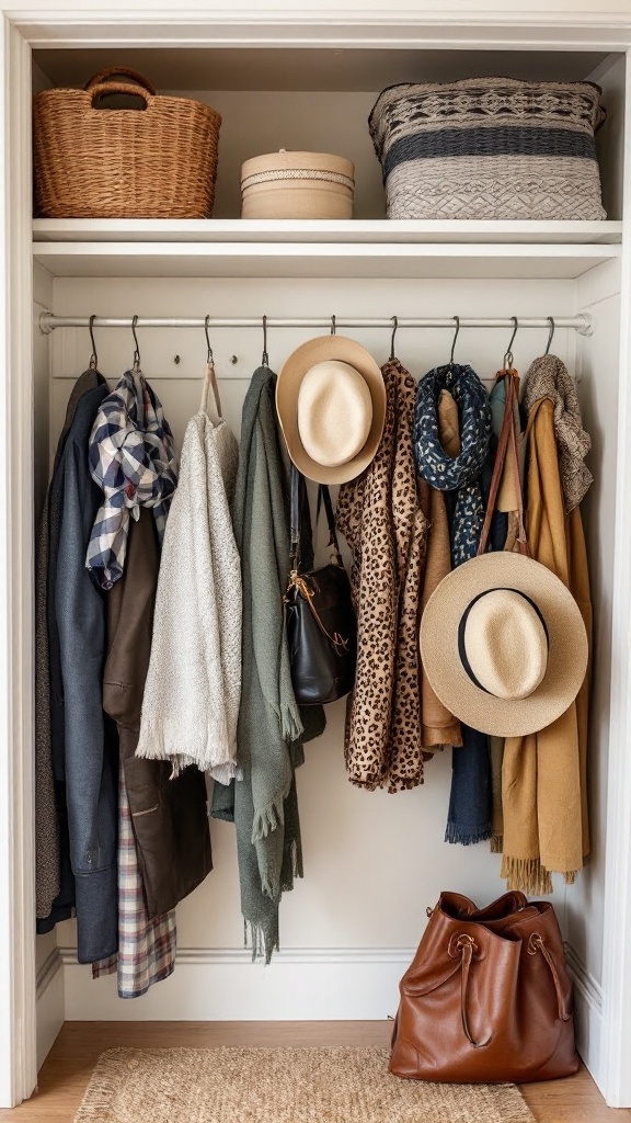 Closet with accessories organized on hooks including bags, scarves, and hats.