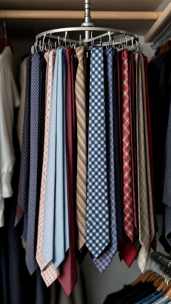 A rotating tie rack displaying various ties in different colors and patterns.