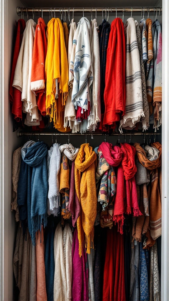 A well-organized closet with tiered racks displaying colorful scarves.