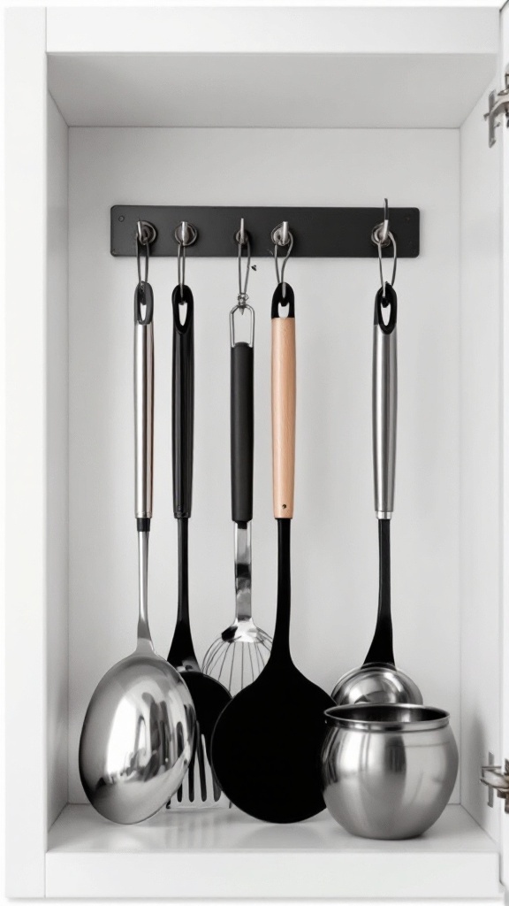 A cupboard with hanging utensils including ladles, a whisk, and a strainer, with dishes on a shelf above.