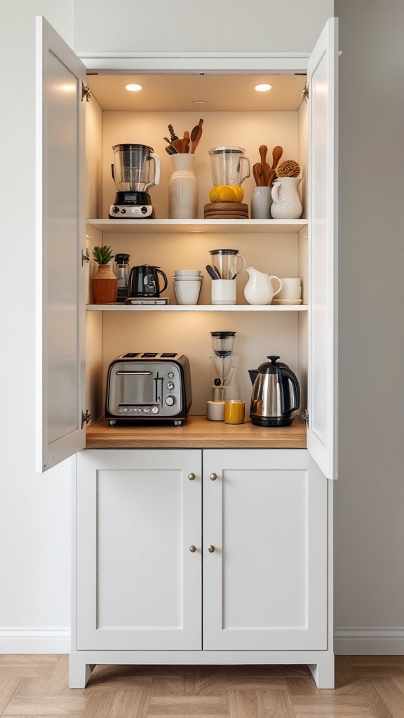 Organized cupboard with small appliances and kitchen items.