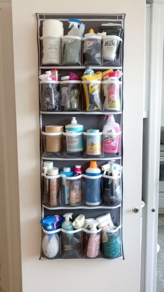 A hanging shoe organizer filled with cleaning supplies and toiletries on a cupboard door.