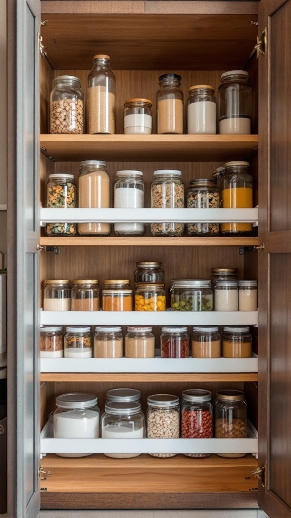 Organized cupboard with storage risers for maximizing space.