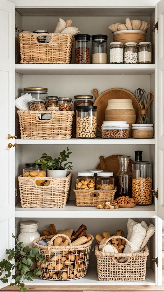 Organized kitchen cupboard with baskets and jars containing various items.