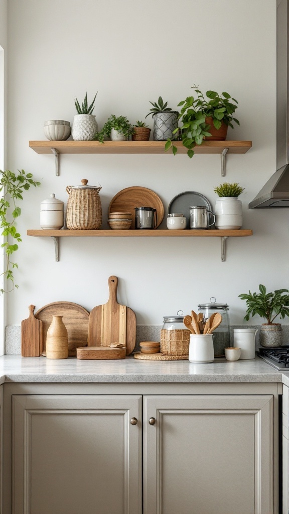 Shelves above kitchen cabinets decorated with plants and kitchenware.