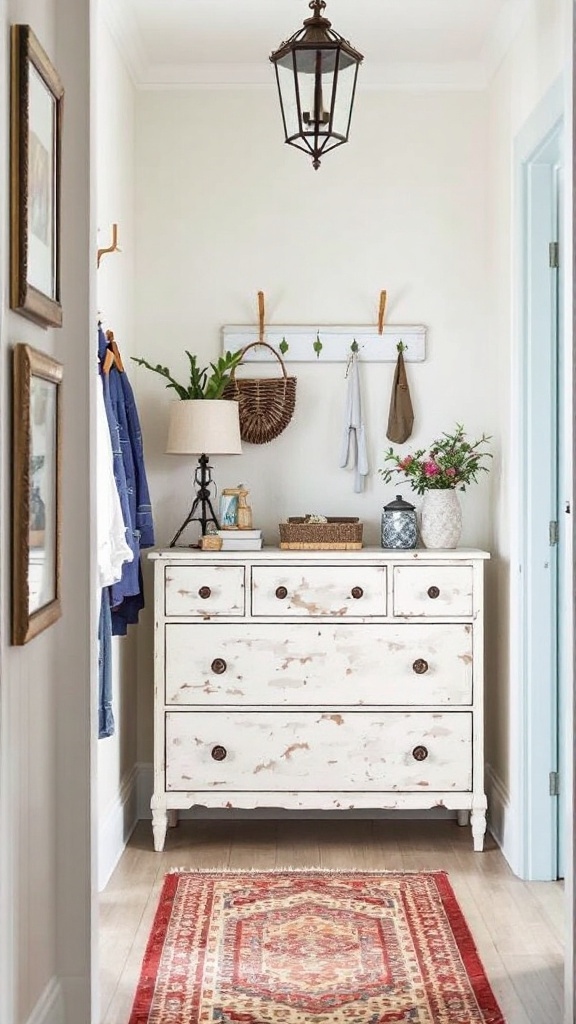 A stylish hallway featuring a white dresser with decorative items and a cozy aesthetic.