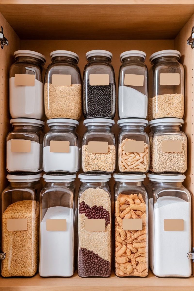 An organized cupboard with labeled jars and containers.