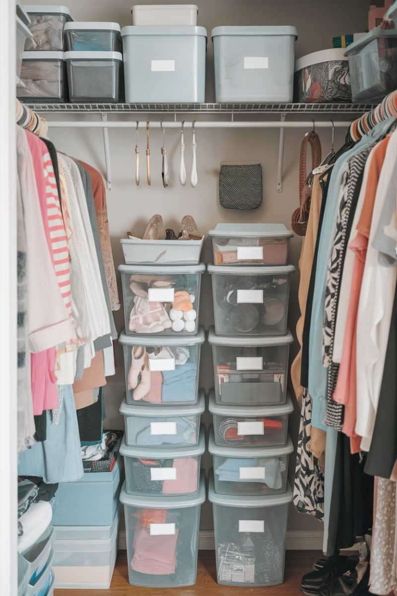 An organized closet with labeled storage bins and containers.