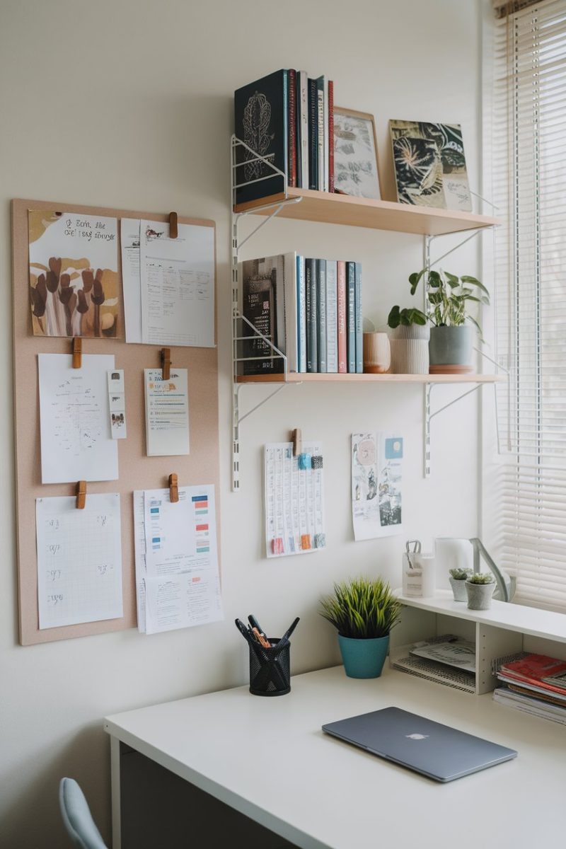 A photo of a neat workspace with organized documents on the wall and a tidy desk. 