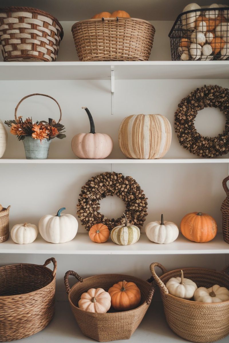 A storage area with neatly organized seasonal decor. There are baskets, wreaths, and decorative pumpkins.