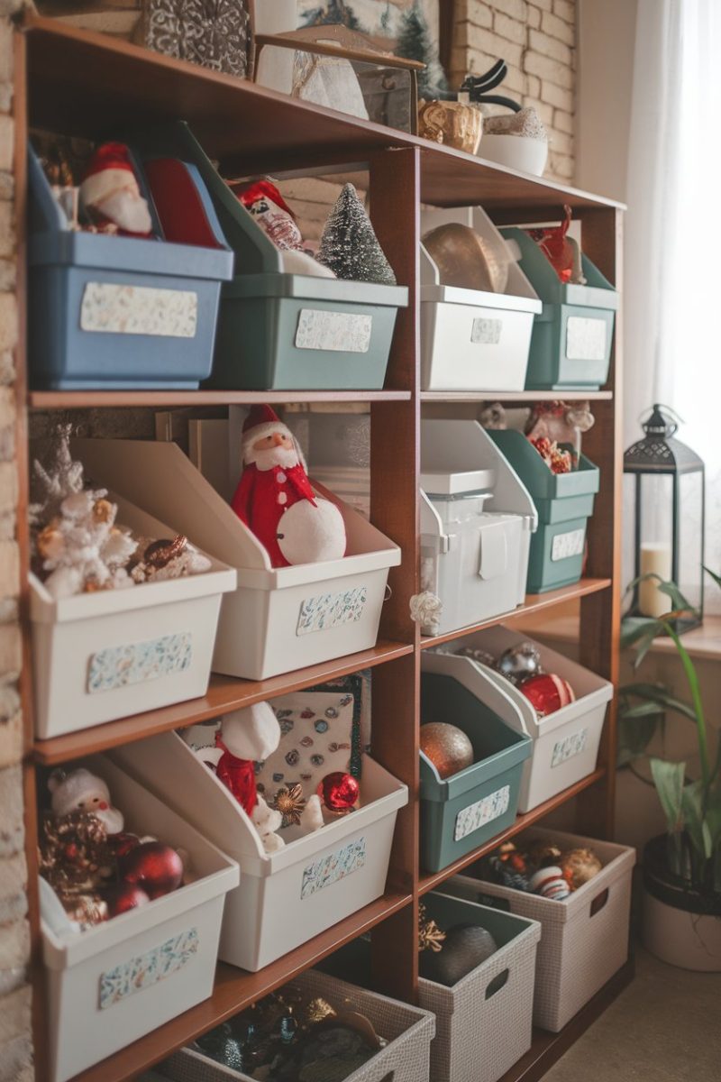 A shelf filled with neatly tucked holiday decorations stored in bins and boxes.