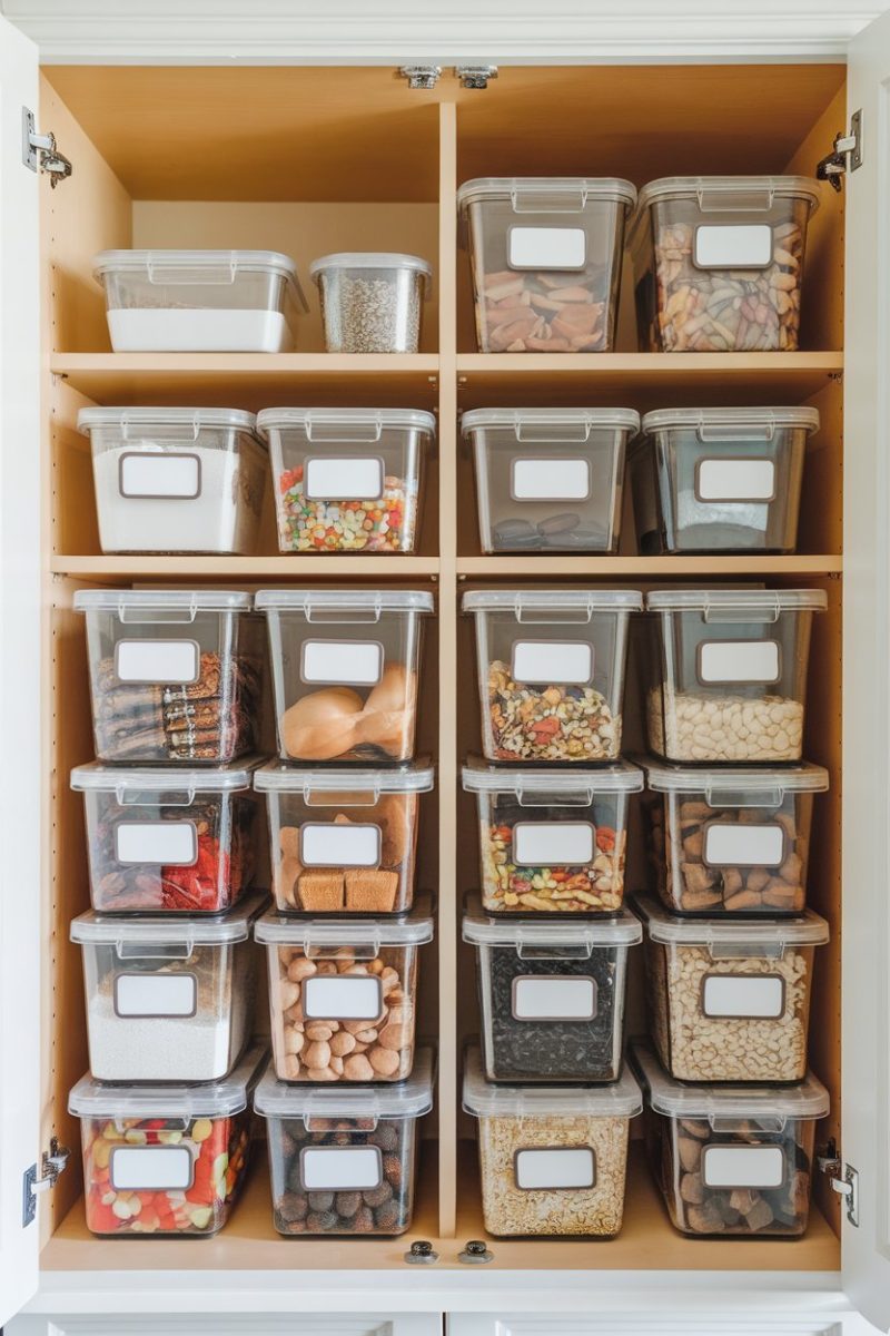 A neatly organized cupboard with clear containers filled with various pantry items, all labeled for easy identification