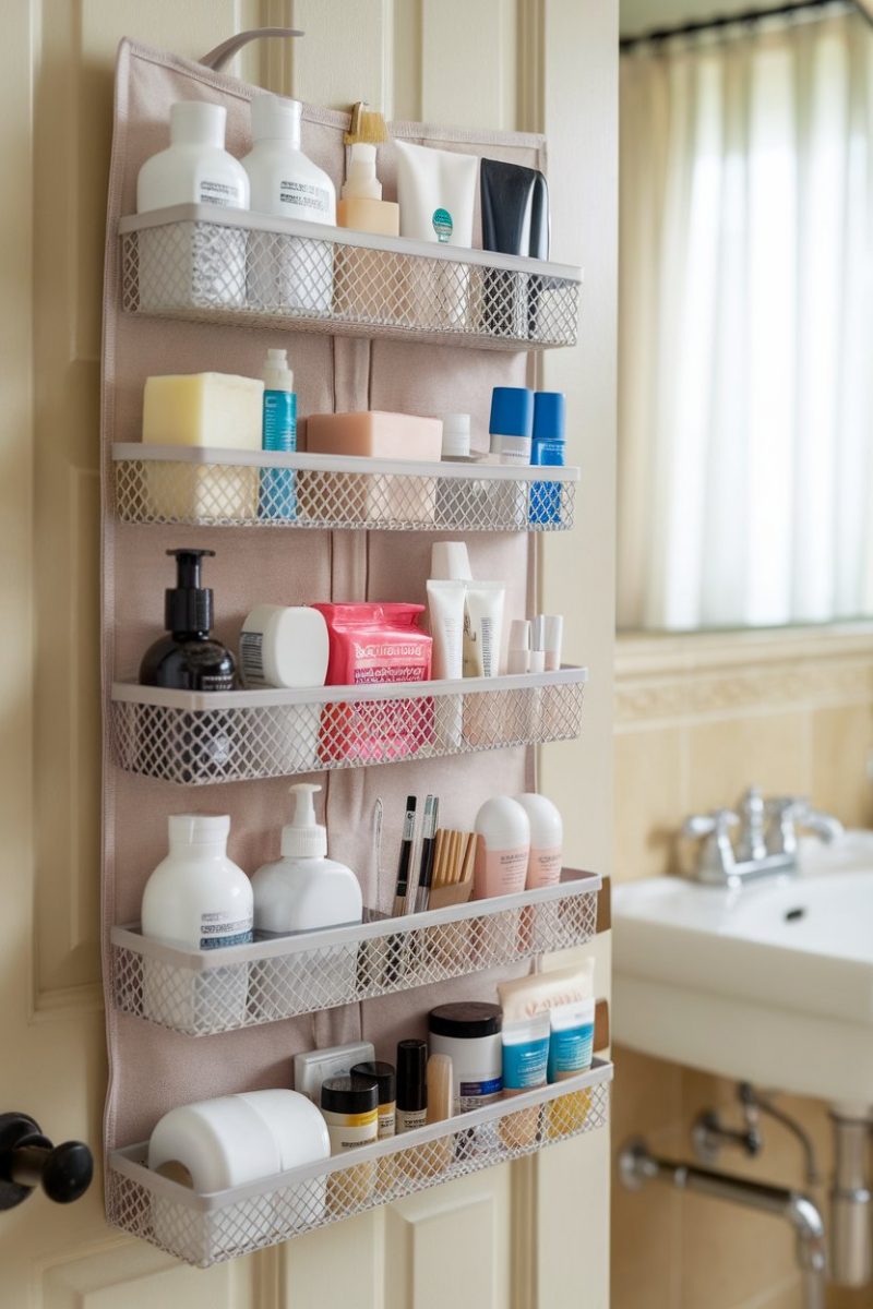 An over-the-door organizer filled with various toiletries and supplies hanging on a door.