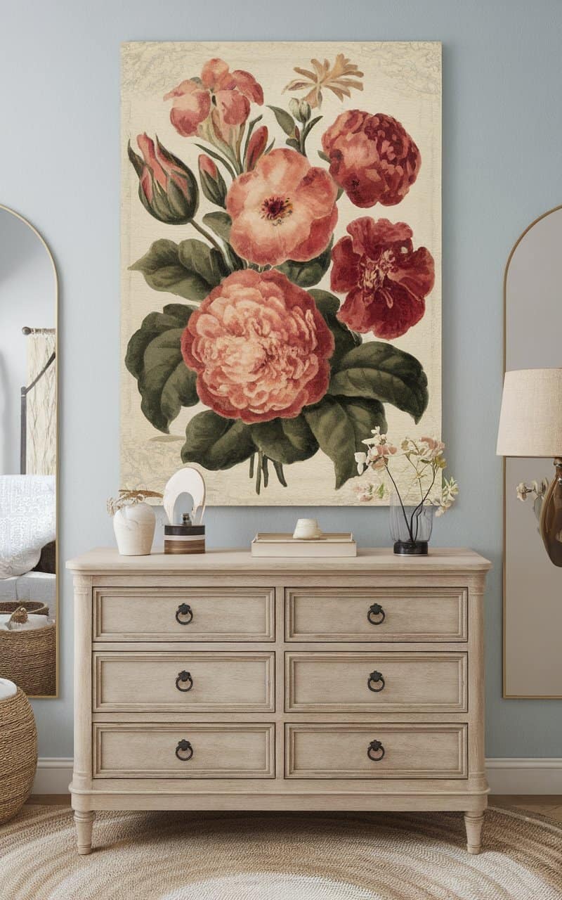 Vintage-inspired wall art displayed above a dresser.