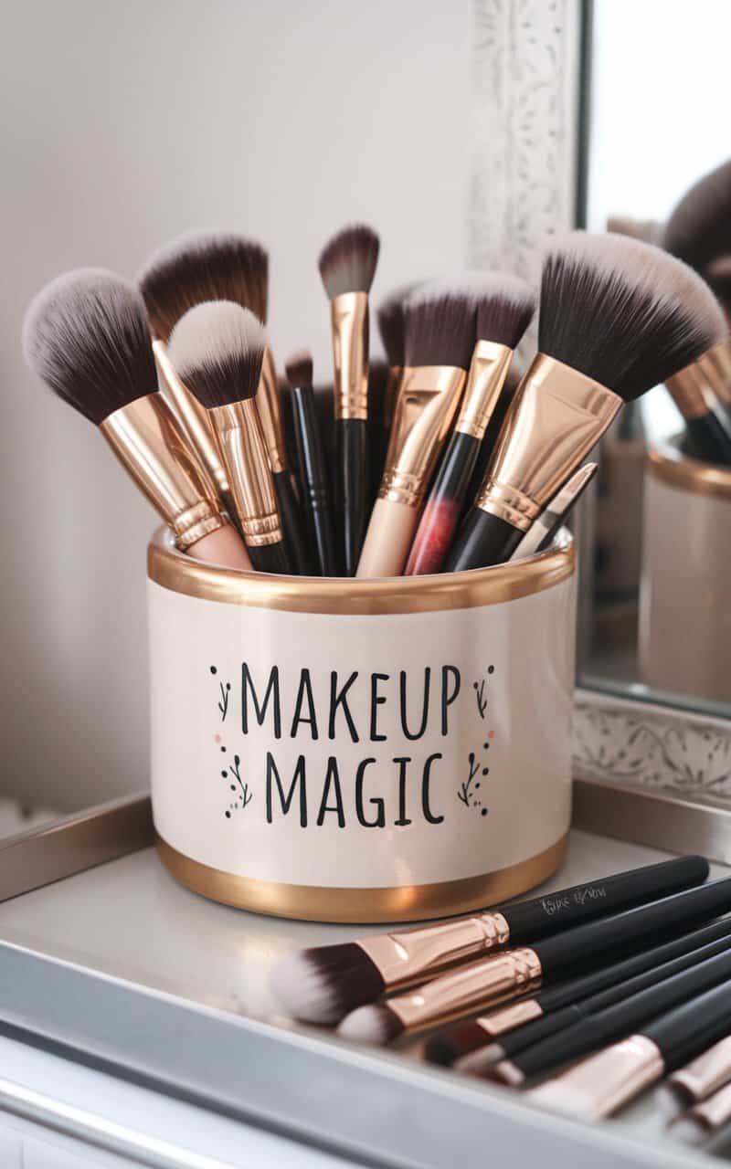 A personalized makeup brush holder filled with various brushes on a vanity.