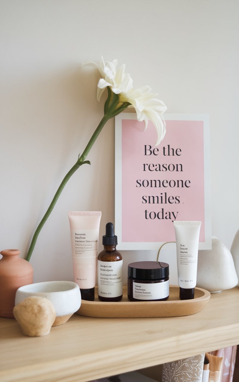 A beautifully organized skincare station featuring various products in a unlabeled containers, a flower, and an inspirational print.