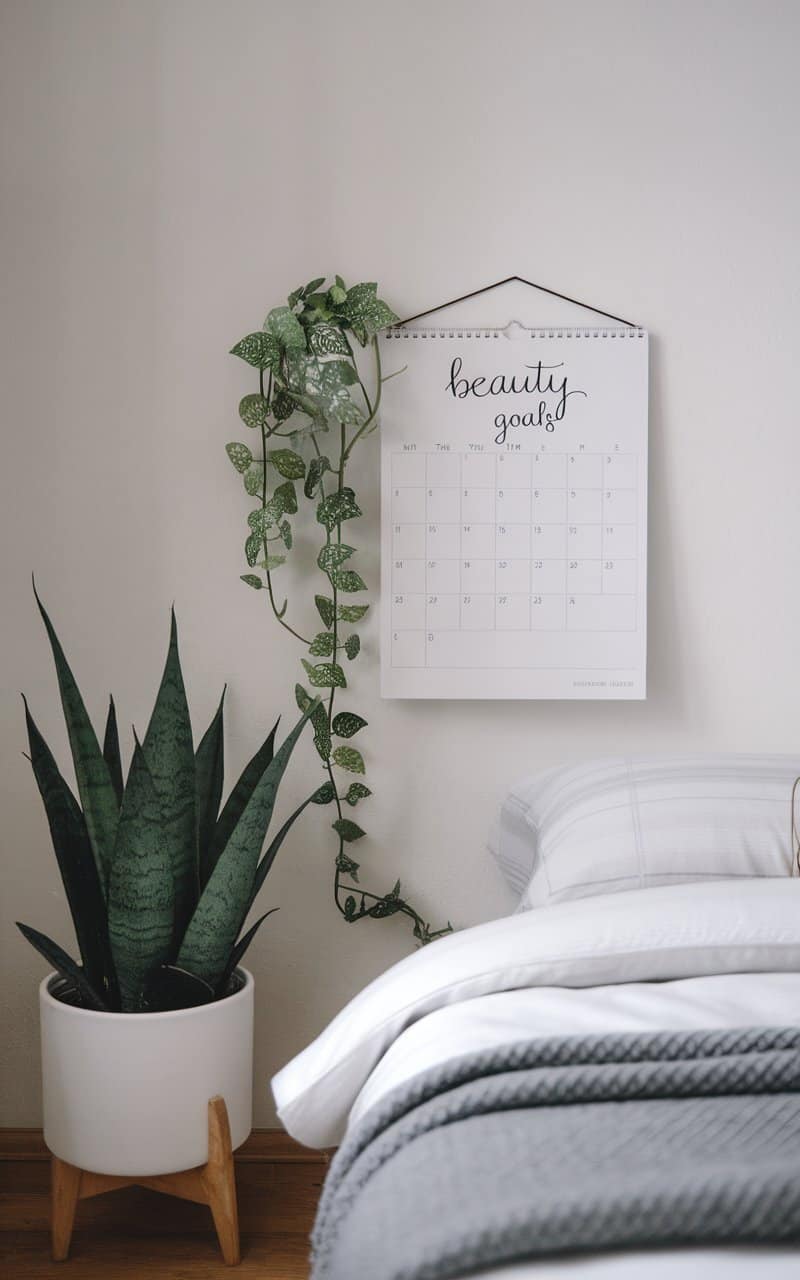 A blank calendar with only BEAUTY GOALS written, hanging on a wall next to a plant and a bed.