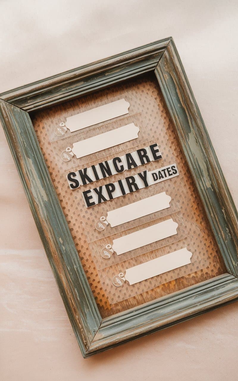 A decorative board displaying skincare product expiry dates next to various skincare items.