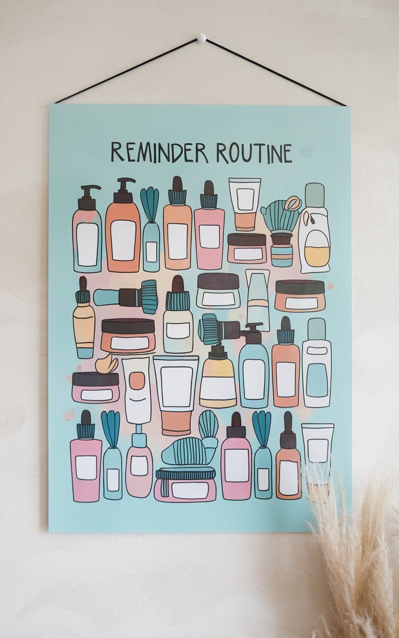 A skincare routine reminder chart displayed on a wall, featuring a colorful layout of various skincare products and their details.