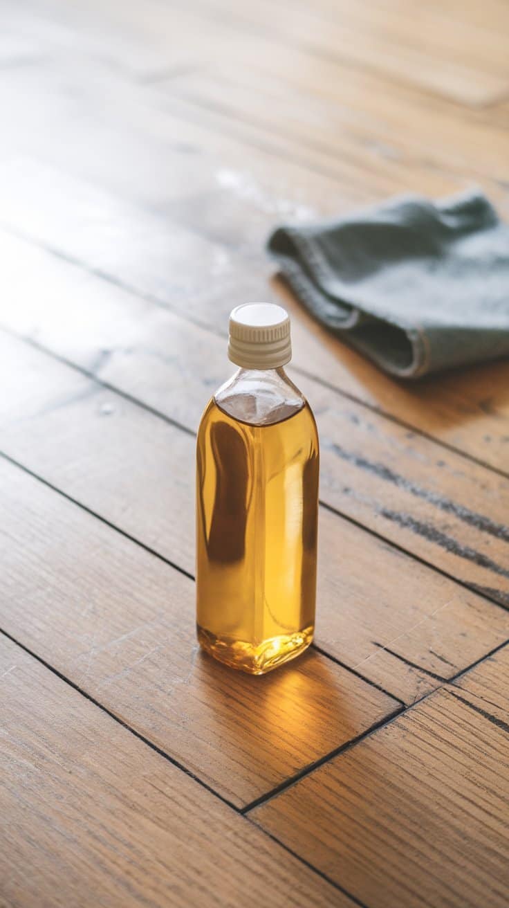 A bottle of almond oil on a wooden floor with a cleaning cloth in the background.