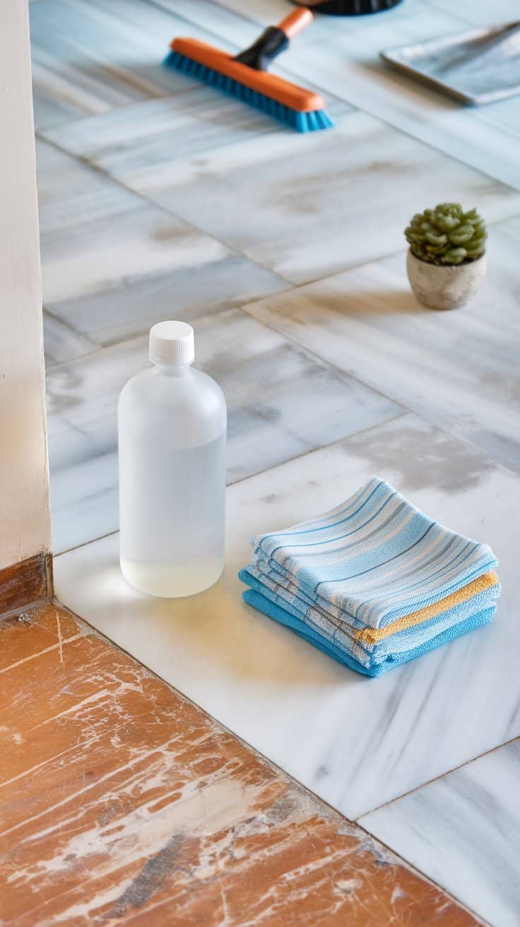 A bottle of rubbing alcohol next to cleaning cloths on a marble floor.