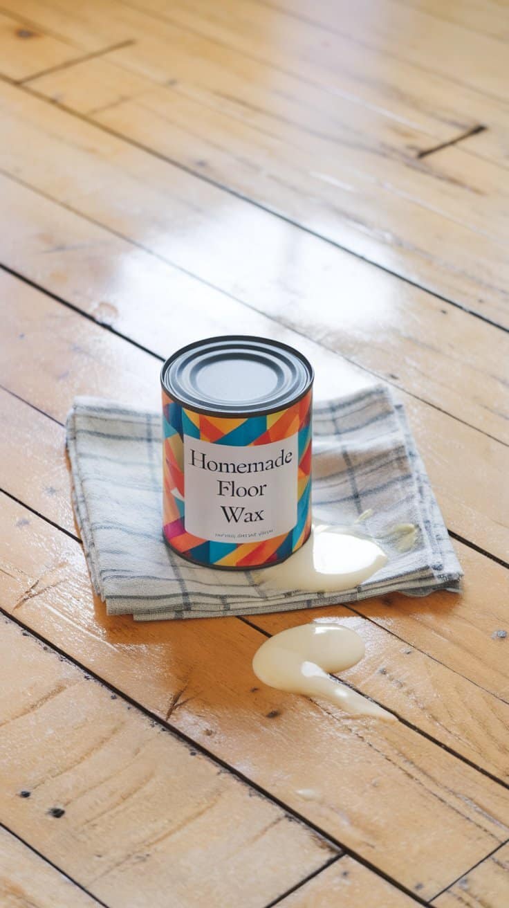 A can of homemade floor wax placed on a cloth, with wood floors in the background.