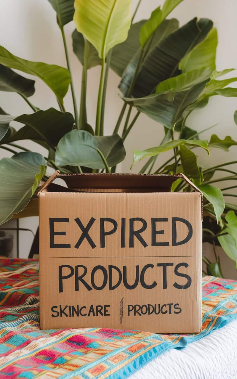 A cardboard box labeled 'EXPIRED PRODUCTS' and 'SKINCARE PRODUCTS' on a bed with plants in the background.