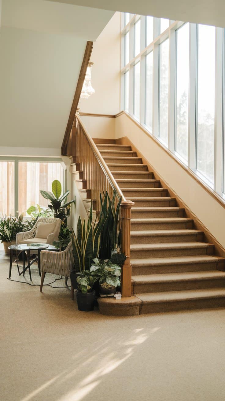 A clean staircase with a cozy seating area, plants, and natural light.