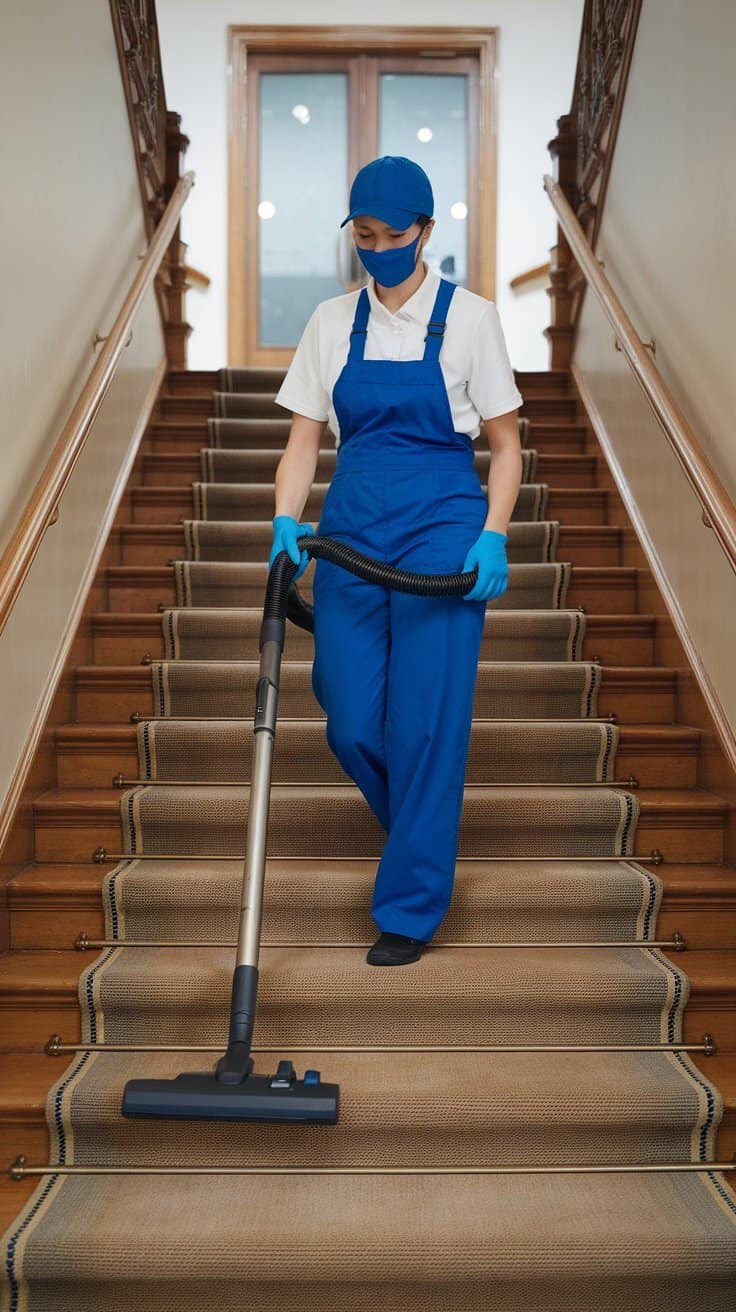 A person vacuuming carpeted stairs with a professional-grade vacuum.