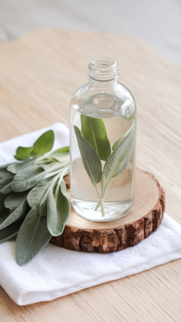 A bottle of sage infused cleaner on a wooden surface next to fresh sage leaves.