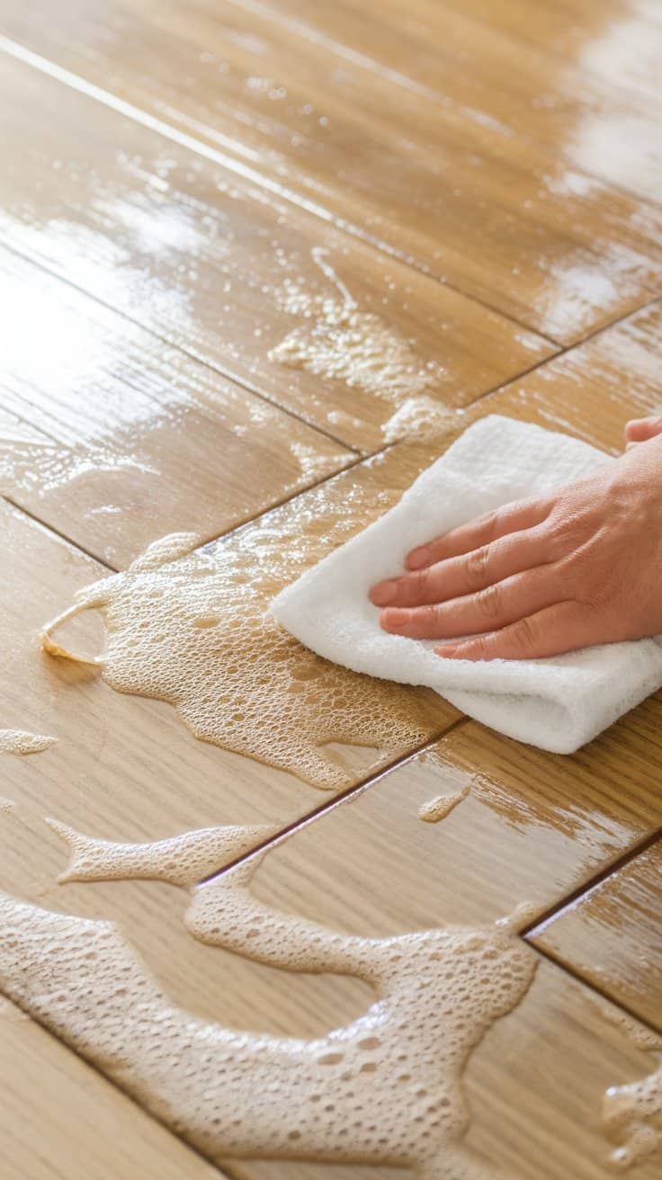 A close-up of a floor being cleaned with dish soap and vinegar, showing suds and a person's hand holding a cloth.