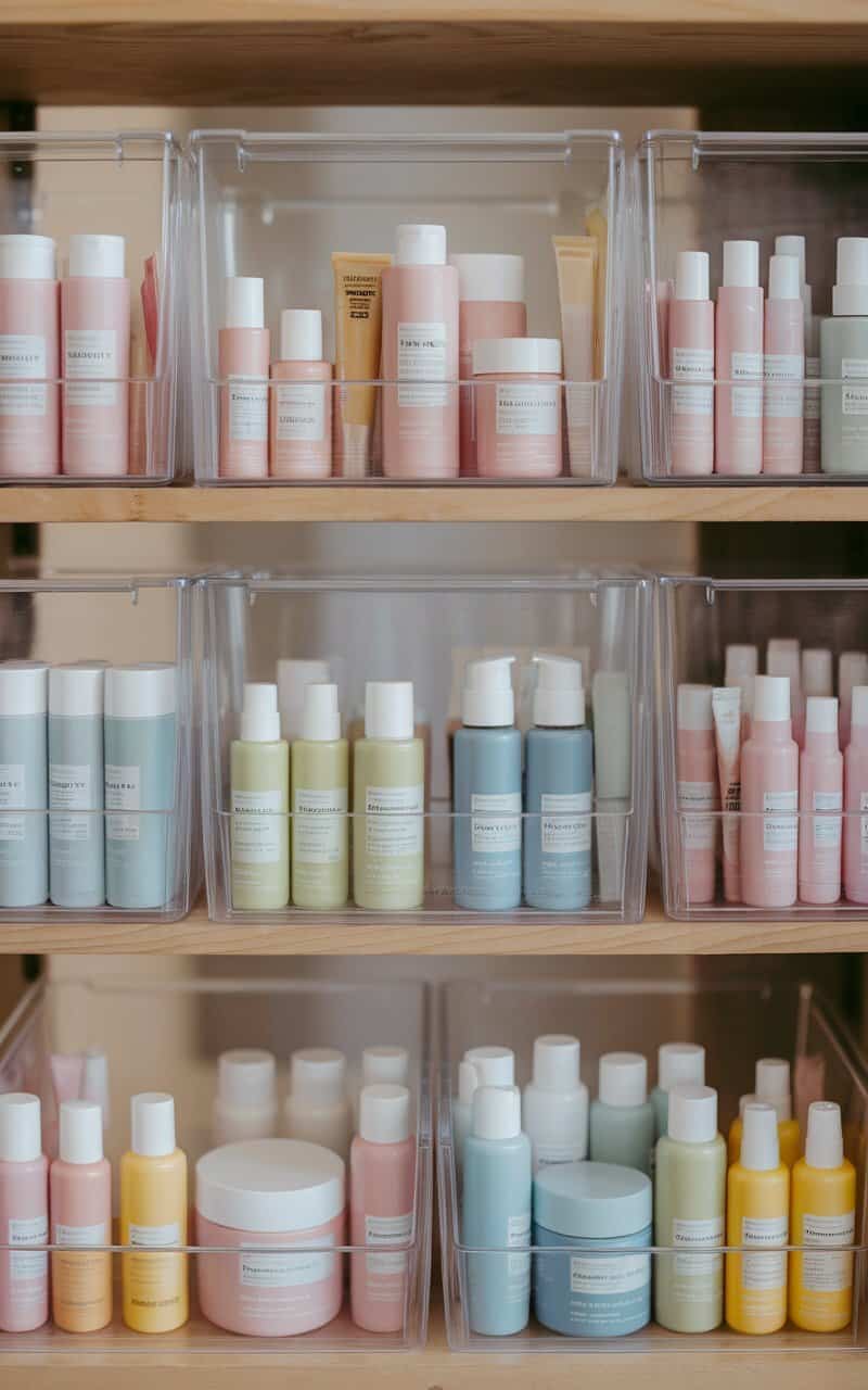 A photo of a neatly organized skincare drawer with various non-labeled products separated by dividers.