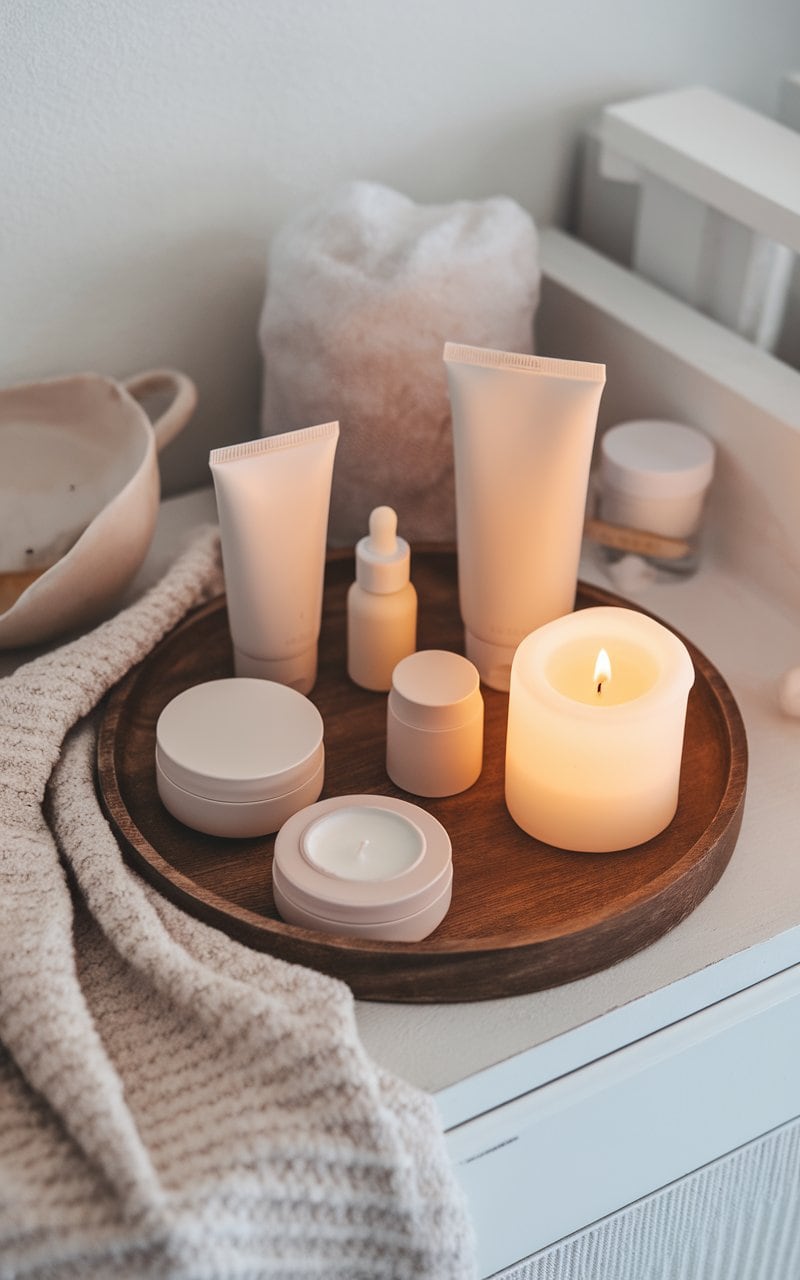 A cozy nighttime skincare display with products arranged on a tray and a lit candle.