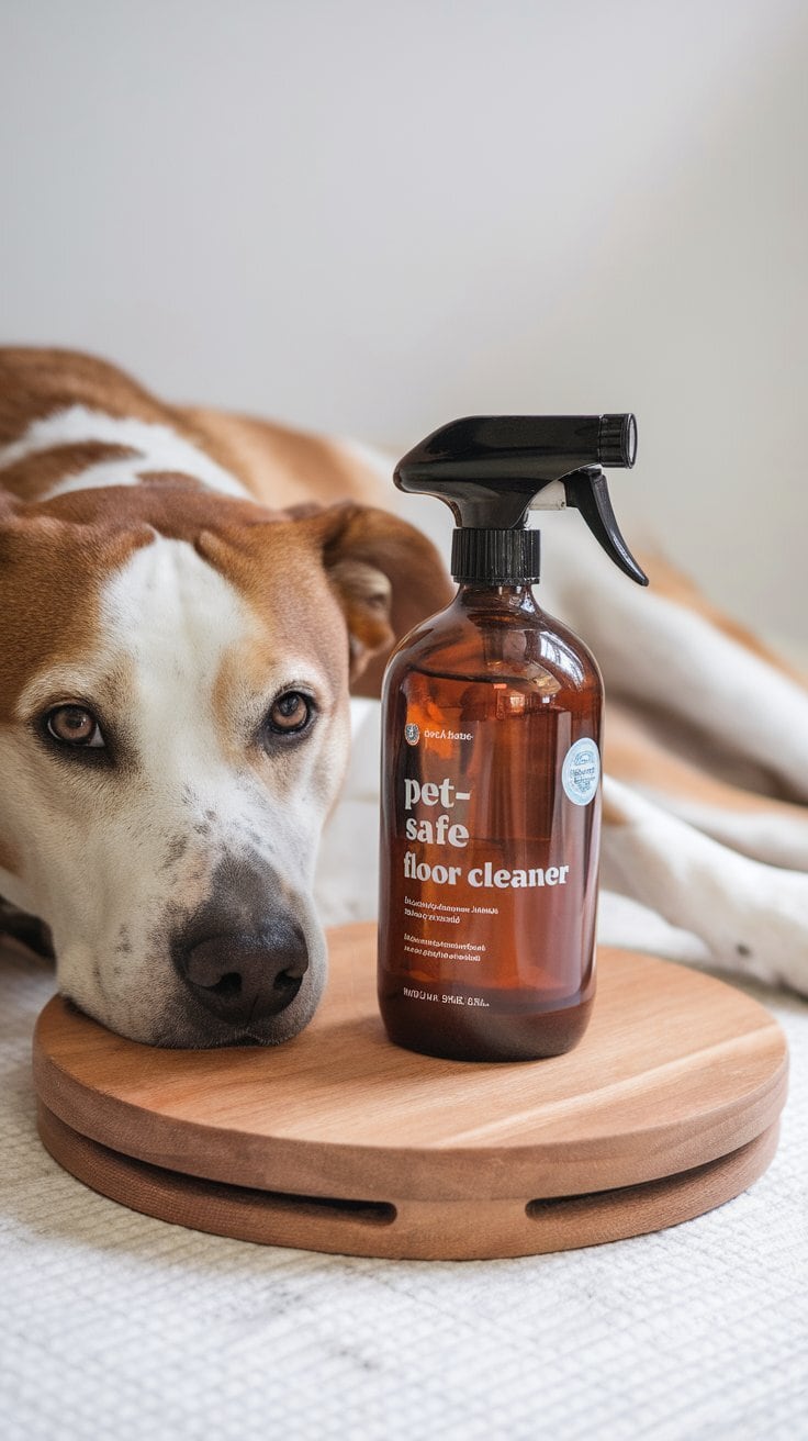 A dog lying next to a bottle of pet-safe floor cleaner.