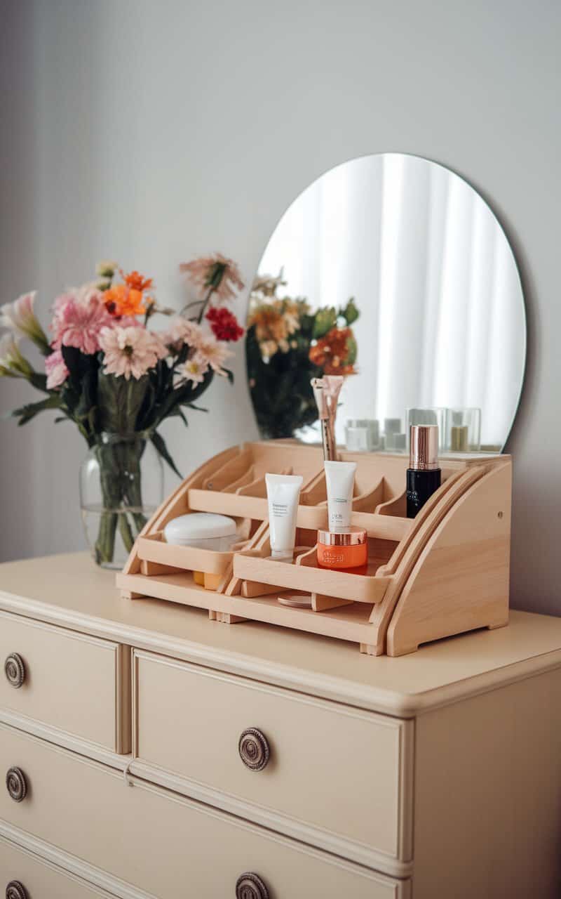 Stylish skincare storage on a dresser with a vase of flowers and a round mirror.