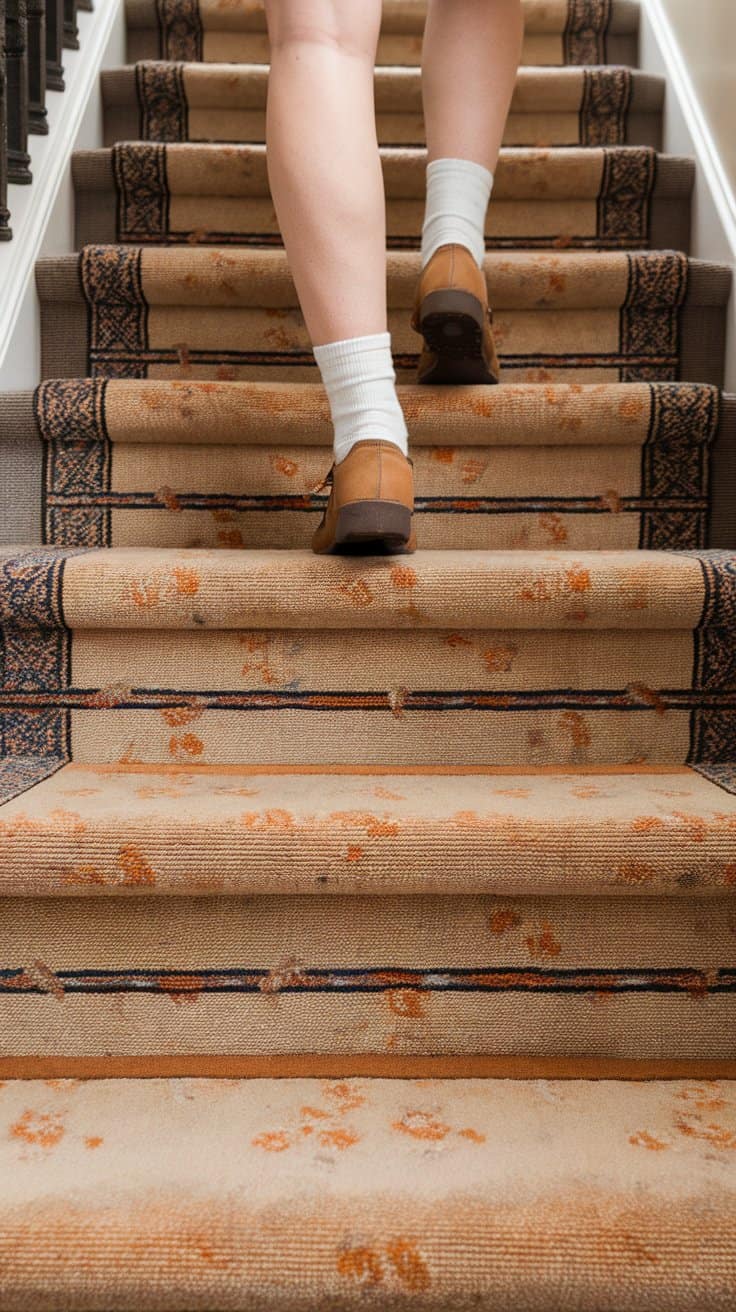 Cleaned carpet on stairs with spots showing high traffic areas.