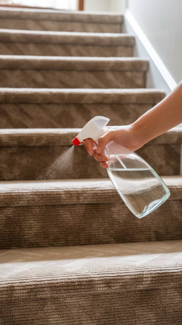 Hand holding a spray bottle with a vinegar solution over stained carpeted stairs.