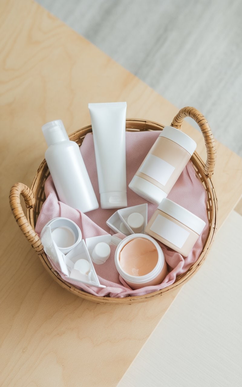 A photo of an organized basket with various skincare products with no brand or label and small containers for samples.
