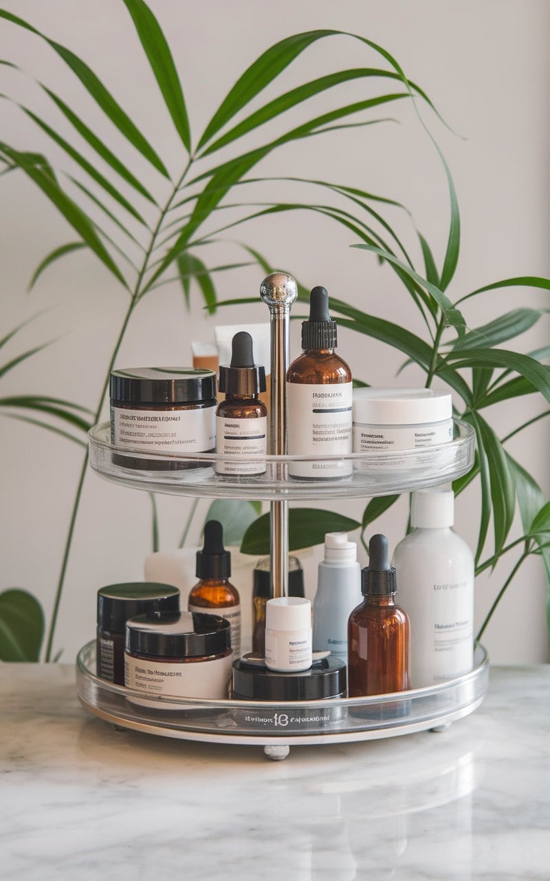 A neatly arranged Lazy Susan filled with various skincare products on a marble surface.