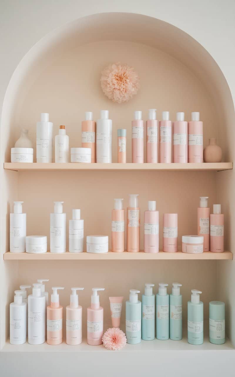 A neatly organized shelf displaying various unlabeled skincare products in white and pastel packaging.