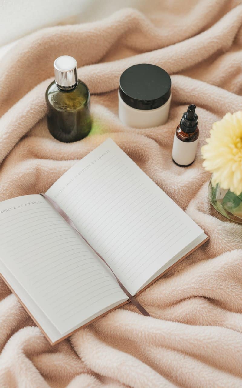 A photo of a open skincare journal on a soft, beige blanket.