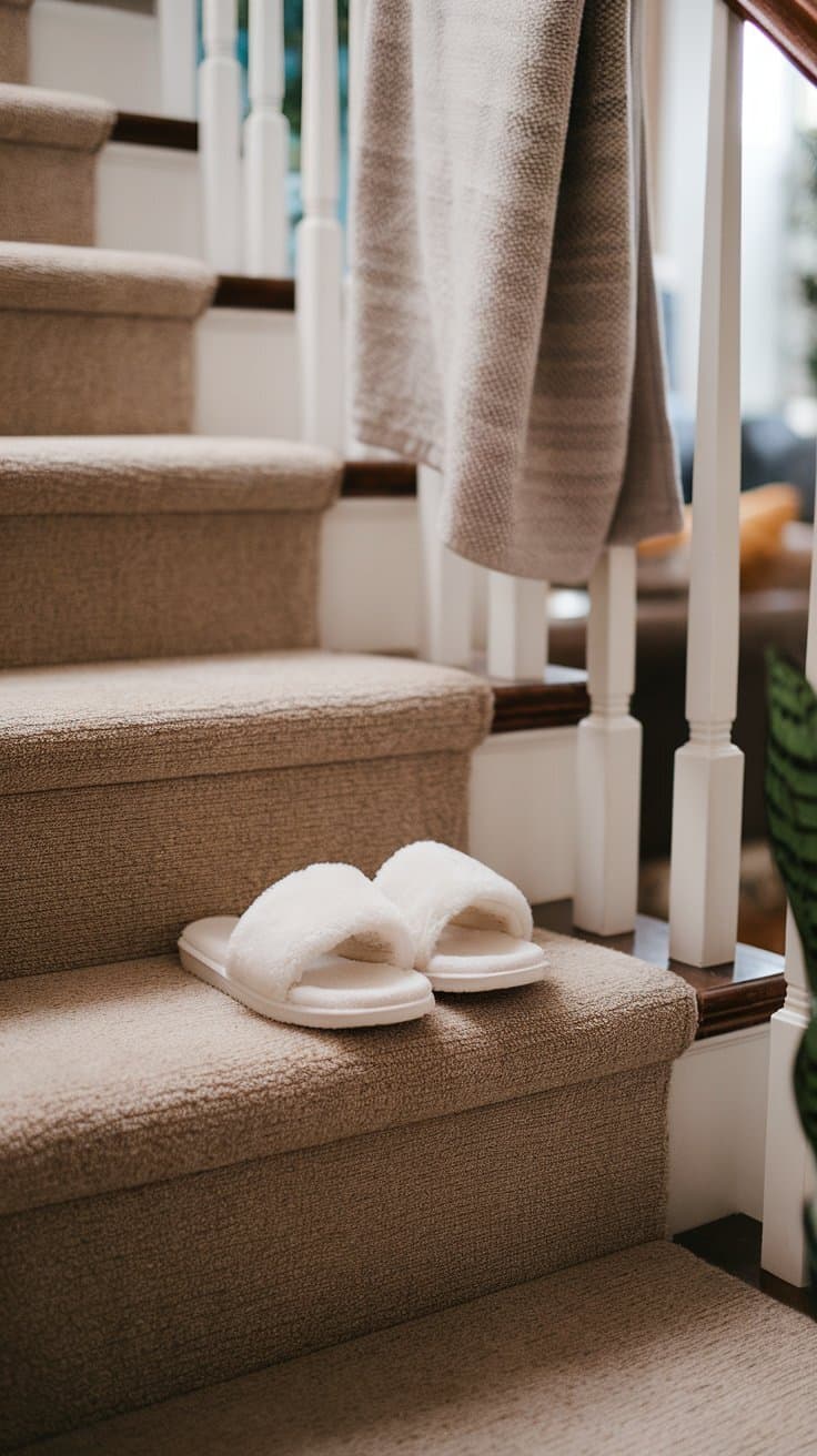 White slippers on a carpeted staircase with a cozy blanket.